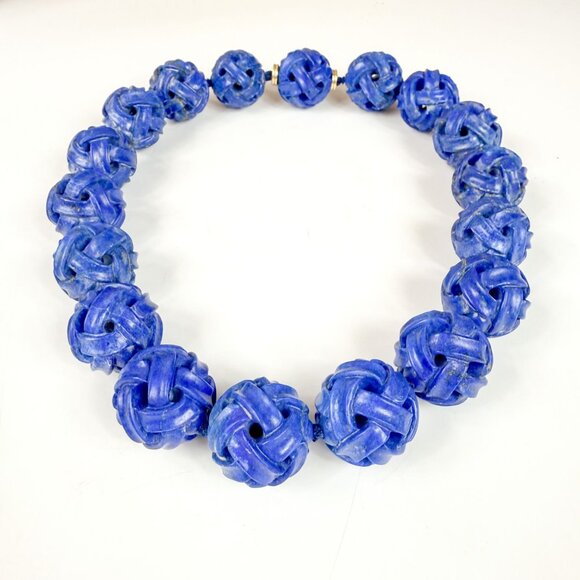 Lapis Lazuli Carved Hollow Beads Knotted Necklace With Hidden 14K Gold Clasp - Picture 1 of 8